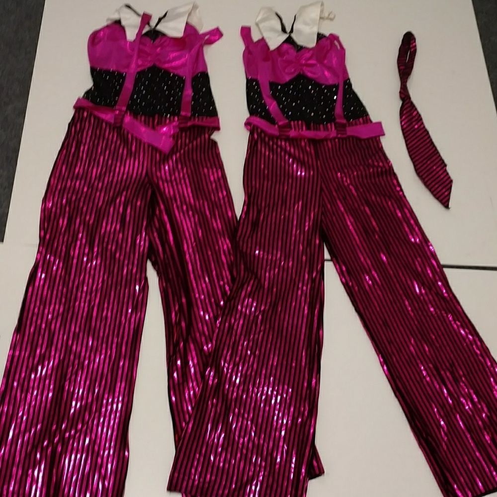 Burlesque Dancers Dance Costume Pair Halloween Metallic Pink Jumpsuits Stretchy
